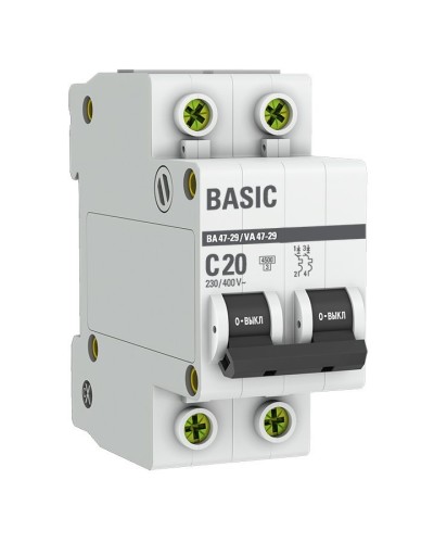 Автоматический выключатель 2P 20А (C) 4,5кА ВА 47-29 Basic (mcb4729-2-20C). Автоматический выключатель. EKF в Нижнем Новгороде