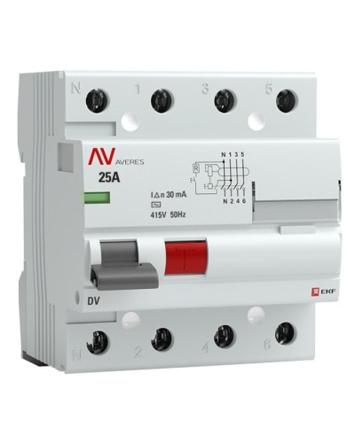 DV 4P 25А/ 30мА (AC)  AVERES (rccb-4-25-30-ac-av). Выключатели дифференциального тока (УЗО). EKF в Нижнем Новгороде