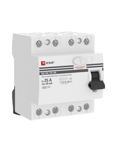 УЗО ВД-100 4P 25А 30мА тип AC эл-мех  PROxima (elcb-4-25-30-em-pro). Выключатель дифференциального тока (УЗО). EKF в Нижнем Новгороде