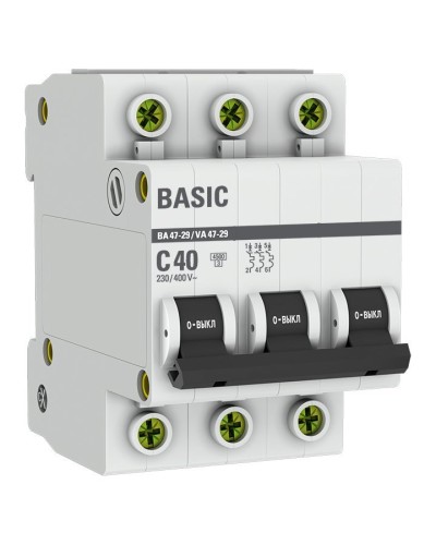Автоматический выключатель 3P 40А (C) 4,5кА ВА 47-29 Basic (mcb4729-3-40C). Автоматический выключатель. EKF в Нижнем Новгороде