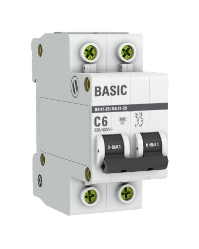 Автоматический выключатель 2P 6А (C) 4,5кА ВА 47-29 Basic (mcb4729-2-06C). Автоматический выключатель. EKF в Нижнем Новгороде