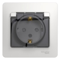 Glossa розетка 1-местная, в сборе, с заземлением со шторками с крышкой, IP44, скрытой установки, белый (GSL000148). Розетка с крышкой. Systeme Electric