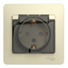 Glossa розетка 1-местная, в сборе, с заземлением со шторками с крышкой, IP44, скрытой установки, бежевый (GSL000248). Розетка с крышкой. Systeme Electric
