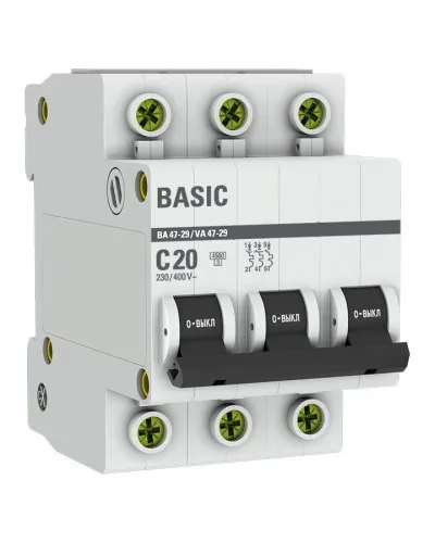 Автоматический выключатель 3P 20А (C) 4,5кА ВА 47-29 Basic (mcb4729-3-20C). Автоматический выключатель. EKF в Нижнем Новгороде