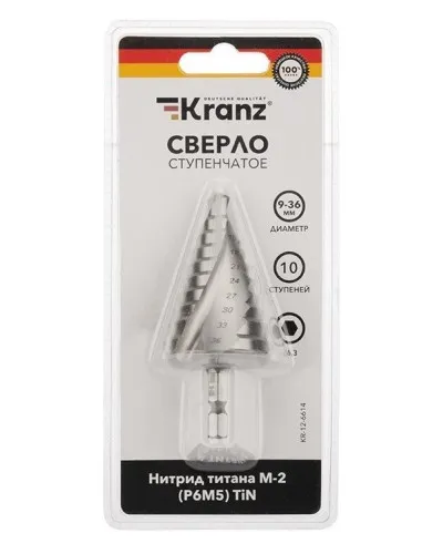 Сверло по металлу ступенчатое ТИТАН 9,0-36,0 мм 110 mm 65 HRC Р6М5 TiN Kranz (KR-12-6614): Сверло по металлу шлифованное в Нижнем Новгороде